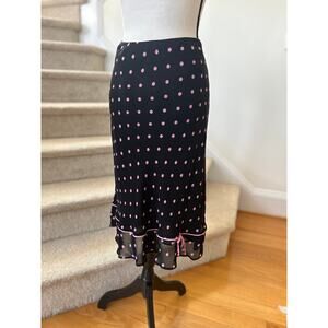 Vintage Y2K Black Pink Polka Dot Bow Flutter Hem Midi Skirt Coquette Whimsygoth